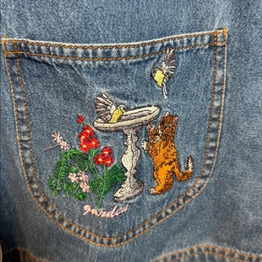 Y2K Cottagecore Cute Denim Embroidered Cat Flowers Button Front Women's‎ Jacket